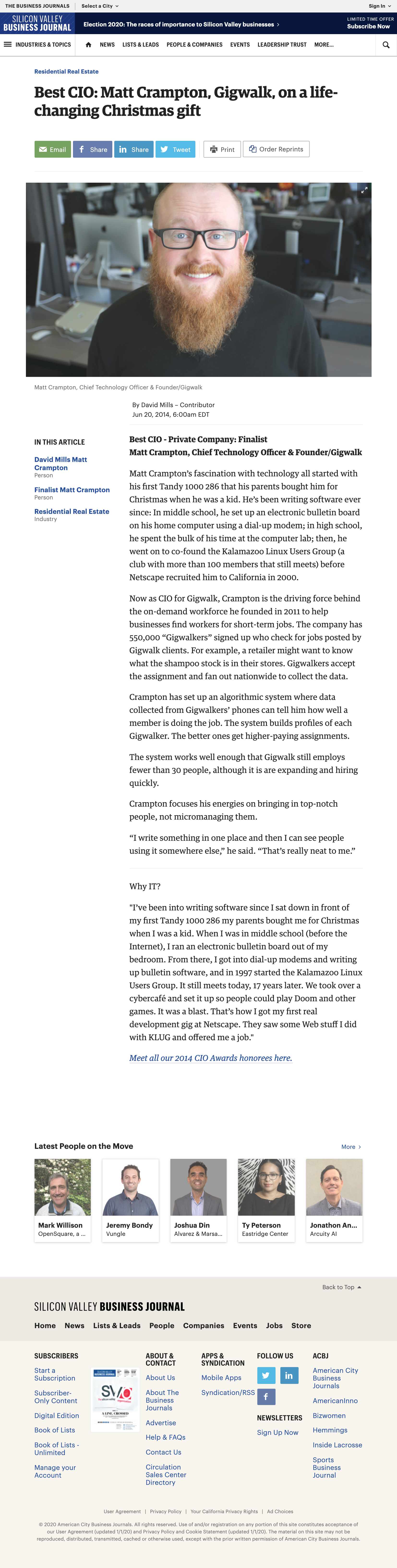 Screenshot of Silicon Valley Business Journal - Best CIO: Matt Crampton